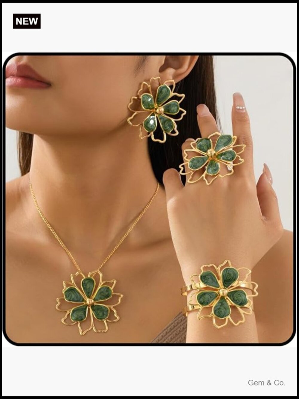 Chunky Gold Floral Jewelry Set - 4 Piece Boho Necklace Earrings Bracelet Ring